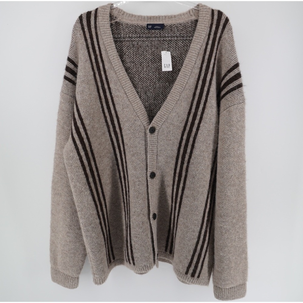Gap Mens Large Tall Wool Alpaca Blend Striped V-Neck Cardigan Sweater Beige NEW